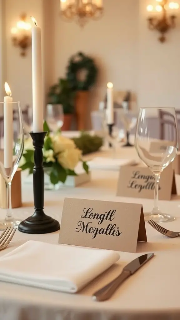 Table setting with personalized place cards for a Mother's Day dinner.