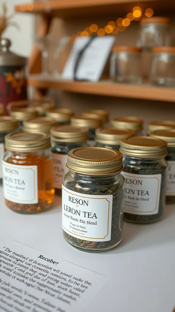 An assortment of jars filled with different tea blends, displayed on a shelf.