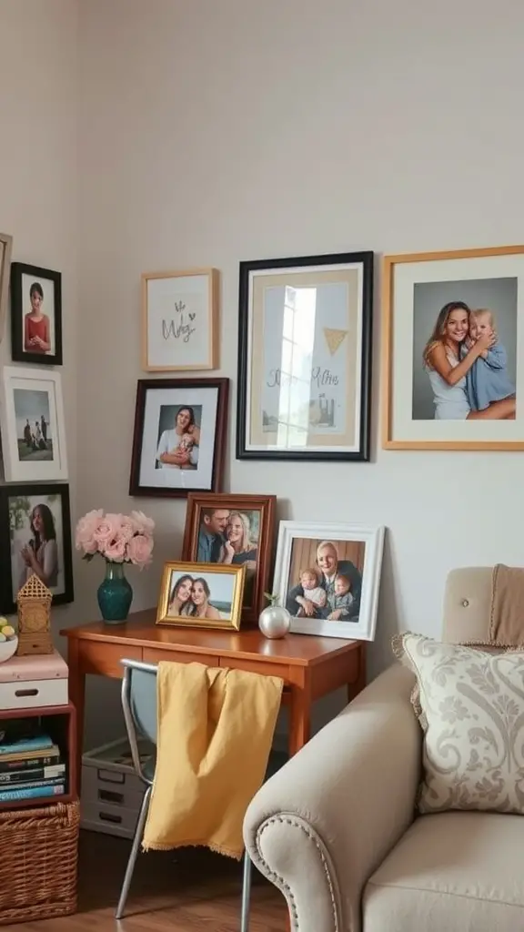 Cozy mother's room corner with family photos and floral decor