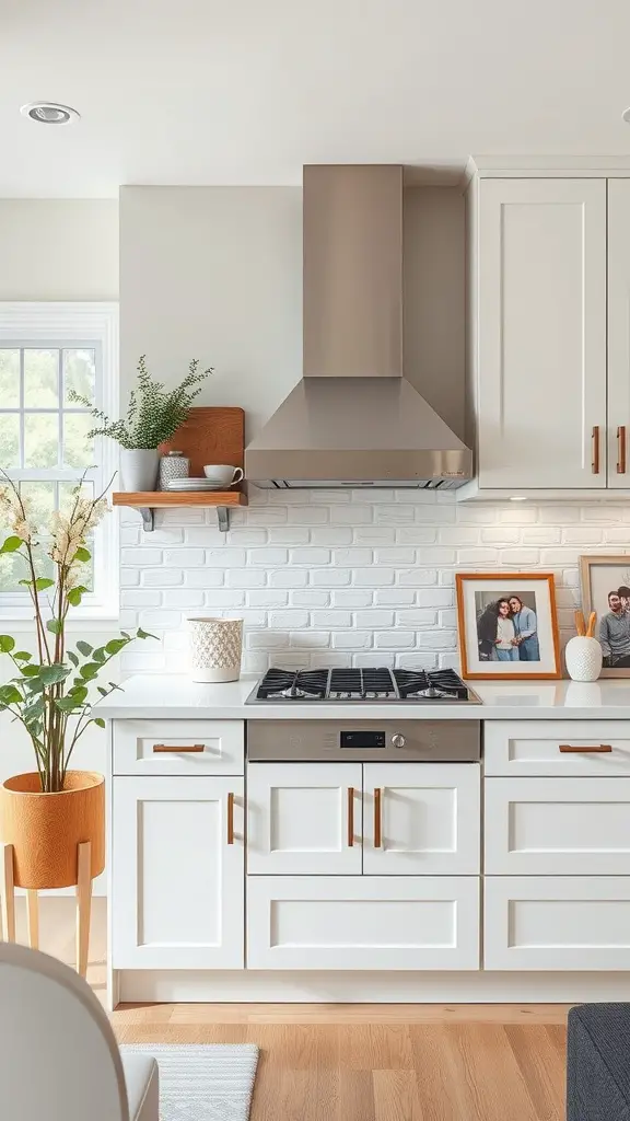 A contemporary kitchen featuring white cabinetry, a stainless-steel hood, plants, and personal photos.