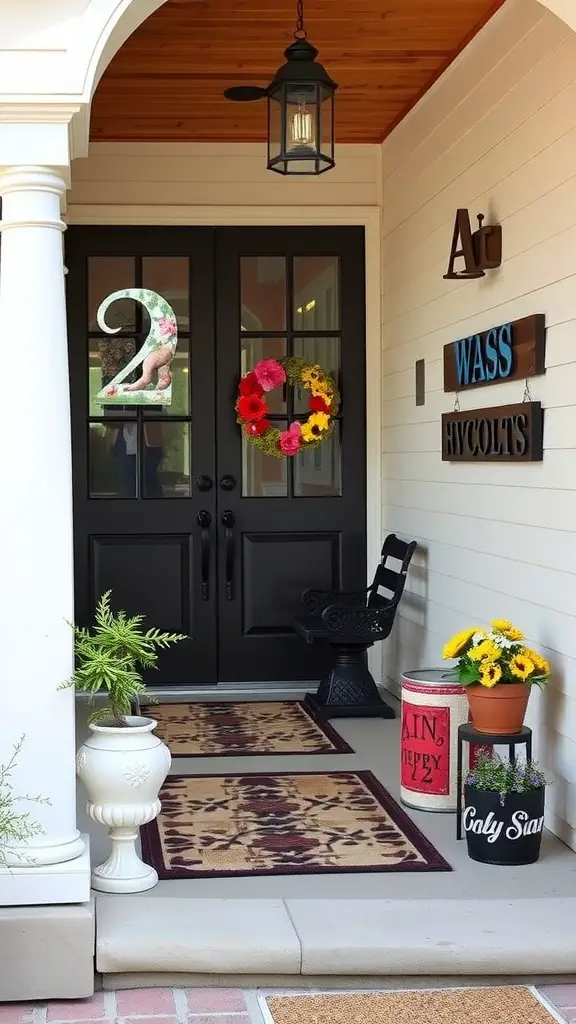 19 Stunning Front Porch Inspiration Ideas for Your Home 16 A front porch with personalized wall art, including a floral number '2', a colorful wreath, and family name signs.