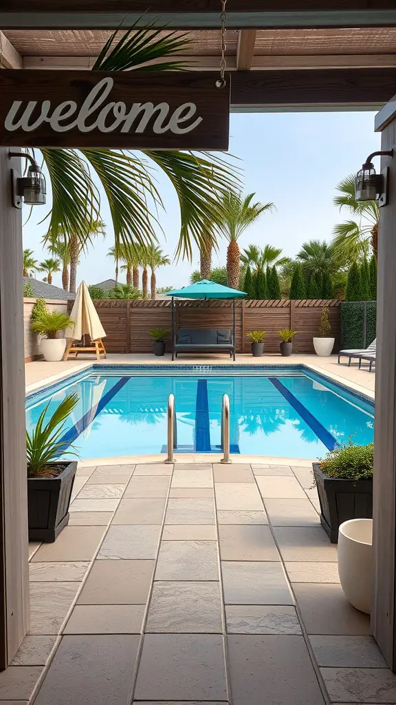 A personalized welcome sign hanging over a clear blue pool surrounded by palm trees