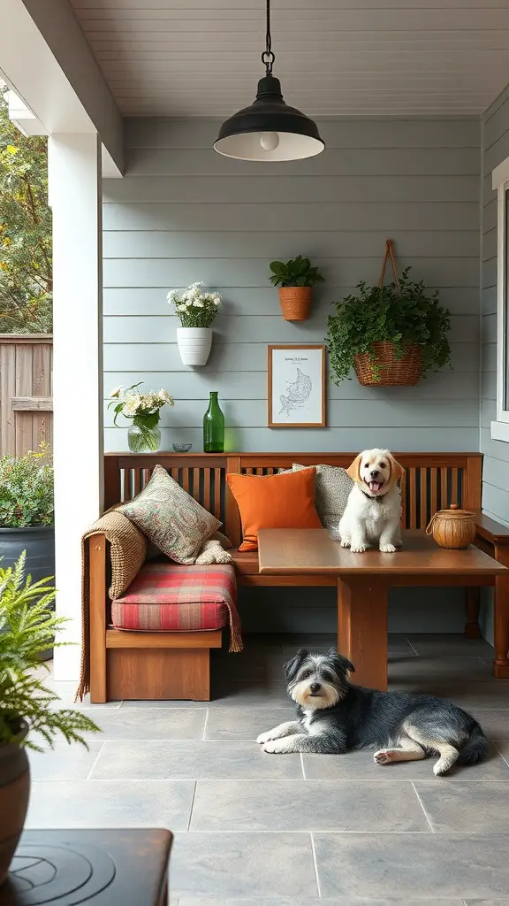 A cozy pet-friendly outdoor banquette with two dogs, surrounded by plants and decorative items.