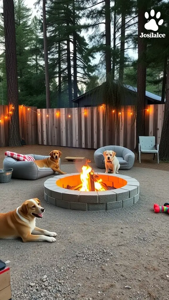 Dogs lounging around a fire pit area in a backyard setting