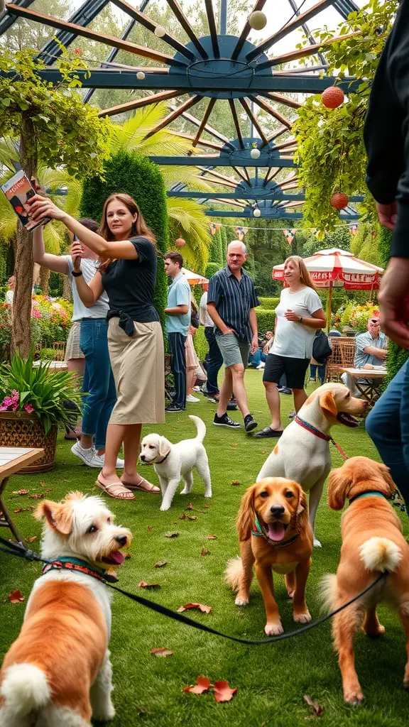 A lively garden party with people socializing and several dogs playing, showcasing a pet-friendly atmosphere.