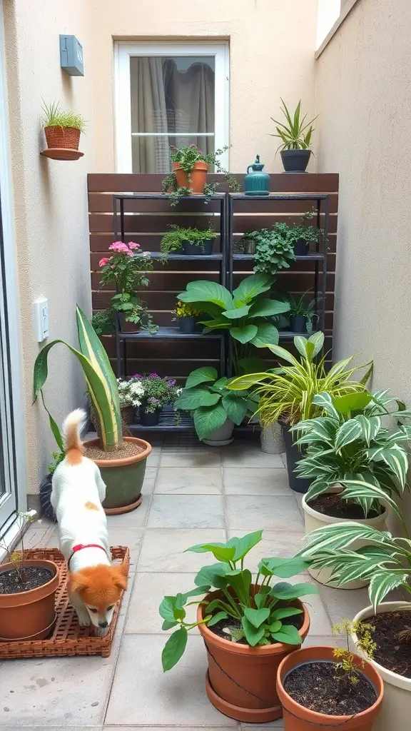 A small patio garden filled with various potted plants and a dog exploring.