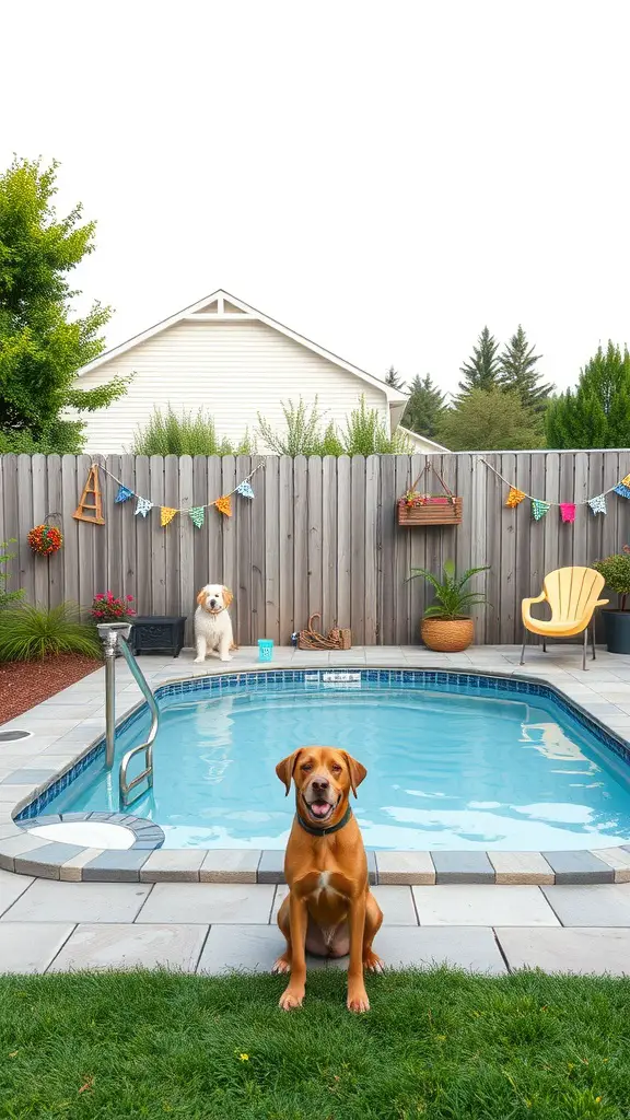 Pet-friendly backyard pool area with a fenced yard, featuring a dog in the foreground and another dog in the background, surrounded by decorative elements.