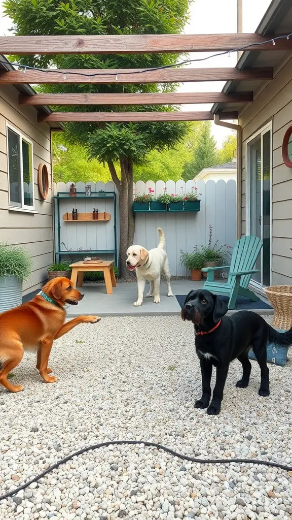 15 Creative Pea Gravel Patio Ideas for Your Outdoor Space 12 Dogs playing in a pea gravel patio with plants and seating