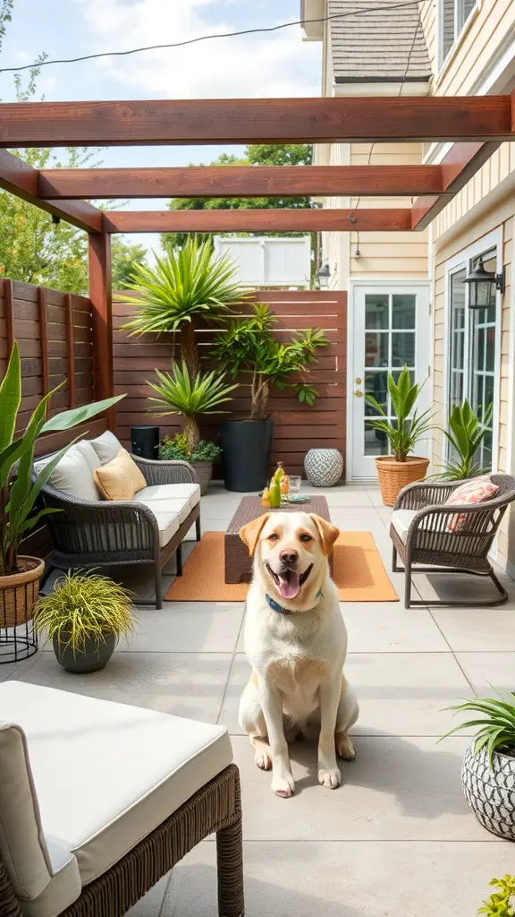 A pet-friendly patio featuring a Labrador dog sitting in a stylish outdoor space with plants and comfortable seating.