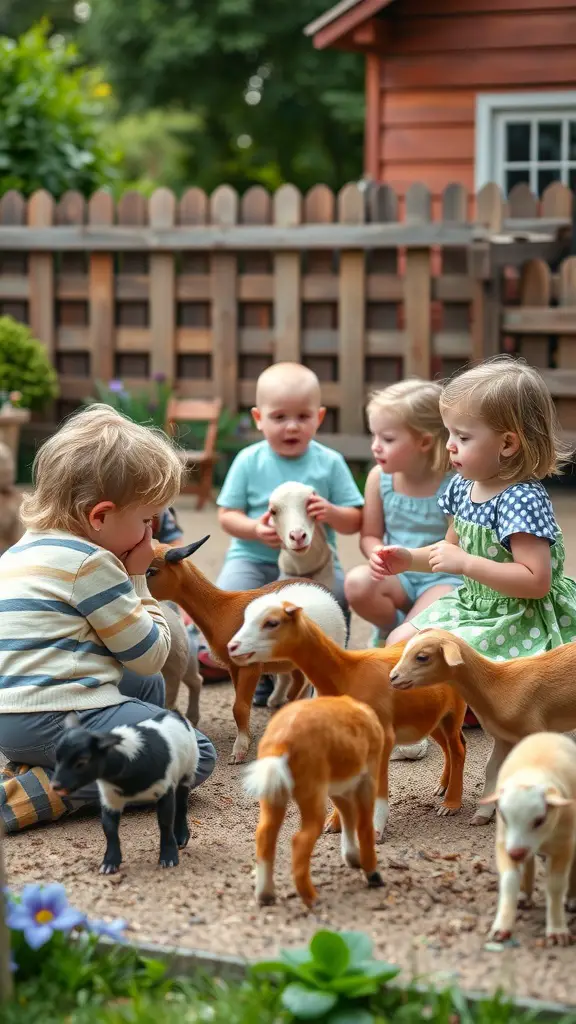 Children playing with goats in a backyard petting zoo