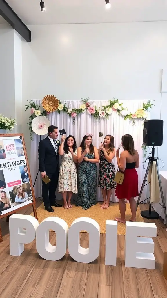 17 Creative Summer Bridal Shower Ideas for a Memorable Celebration 5 A group of friends posing in front of a floral-themed photo booth at a bridal shower.