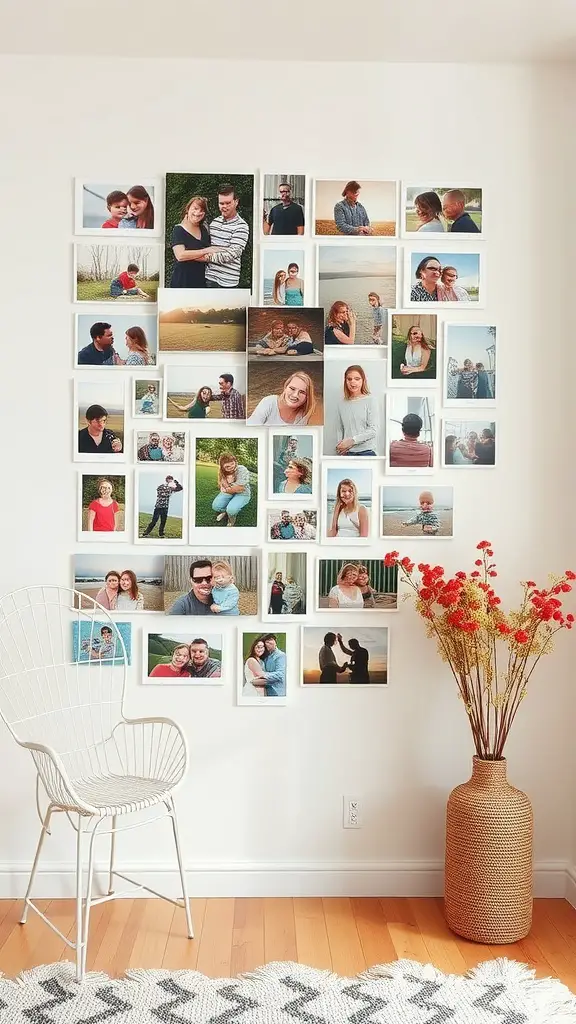 27 Creative Mother’s Day Decor Ideas to Celebrate Mom 7 A cozy photo collage wall decorated with various family photos and a decorative chair.