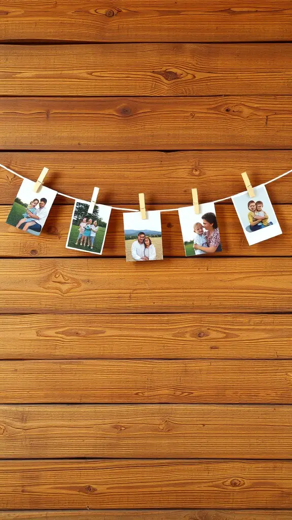 A photo memory garland with family pictures hung on a wooden wall