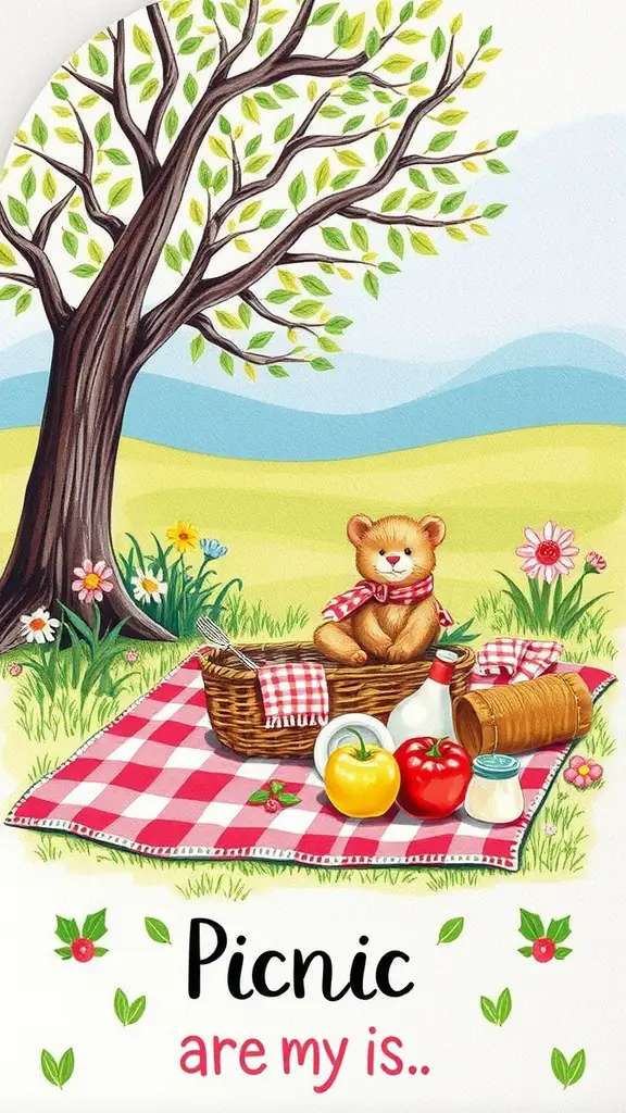 21 Creative Summer Door Hanger Ideas You’ll Love 13 A cheerful picnic scene with a teddy bear, fruits, and a blanket in a grassy park