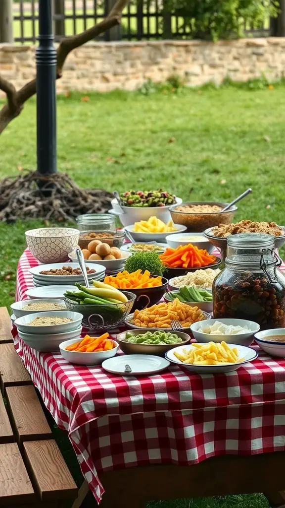 A picnic-style buffet table with a variety of food options on a red and white checkered tablecloth in a garden setting.