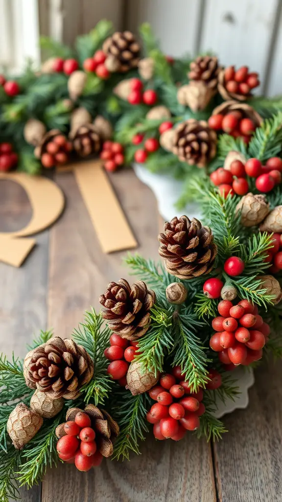 A decorative garland made with pinecones and red berries, showcasing a rustic and vibrant design.