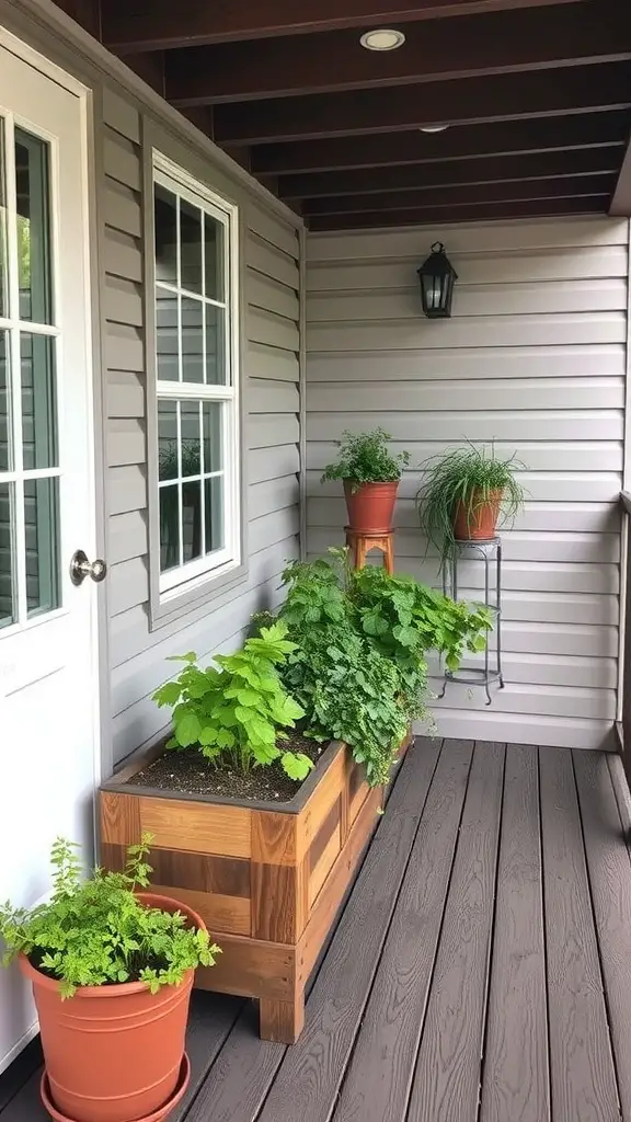 21 Inspiring Small Deck Ideas to Maximize Your Outdoor Space 10 A small deck featuring a wooden planter box with fresh herbs and potted plants.