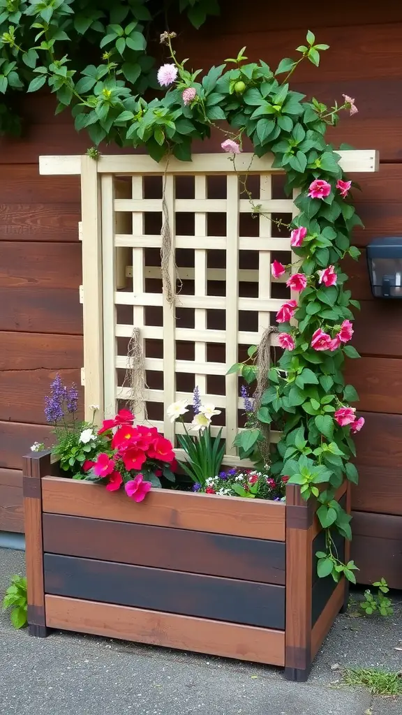23 Stunning Planter Box Flower Combinations for Your Garden 13 A wooden planter box with colorful flowers and a trellis covered in green vines.
