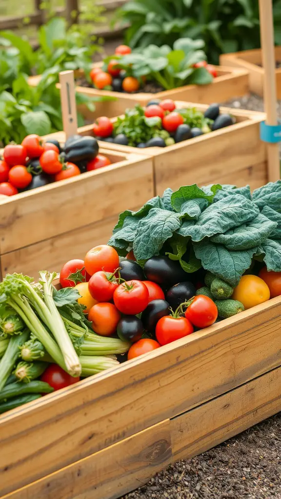 Planter boxes filled with fresh seasonal vegetables including tomatoes, cucumbers, and leafy greens.