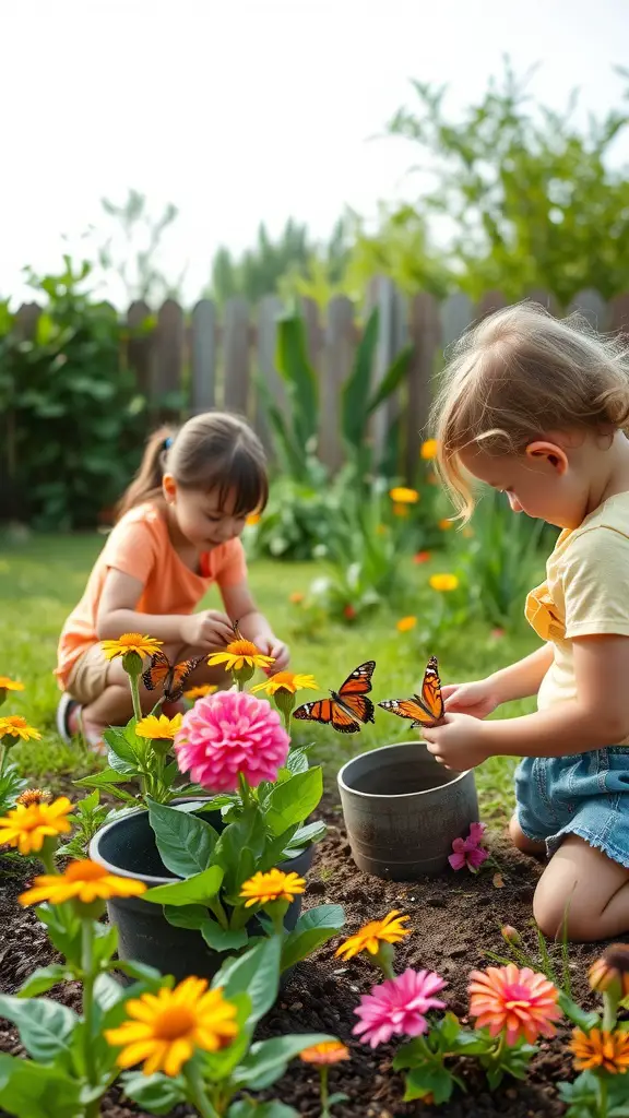 Two children planting flowers in a colorful butterfly garden, surrounded by butterflies.