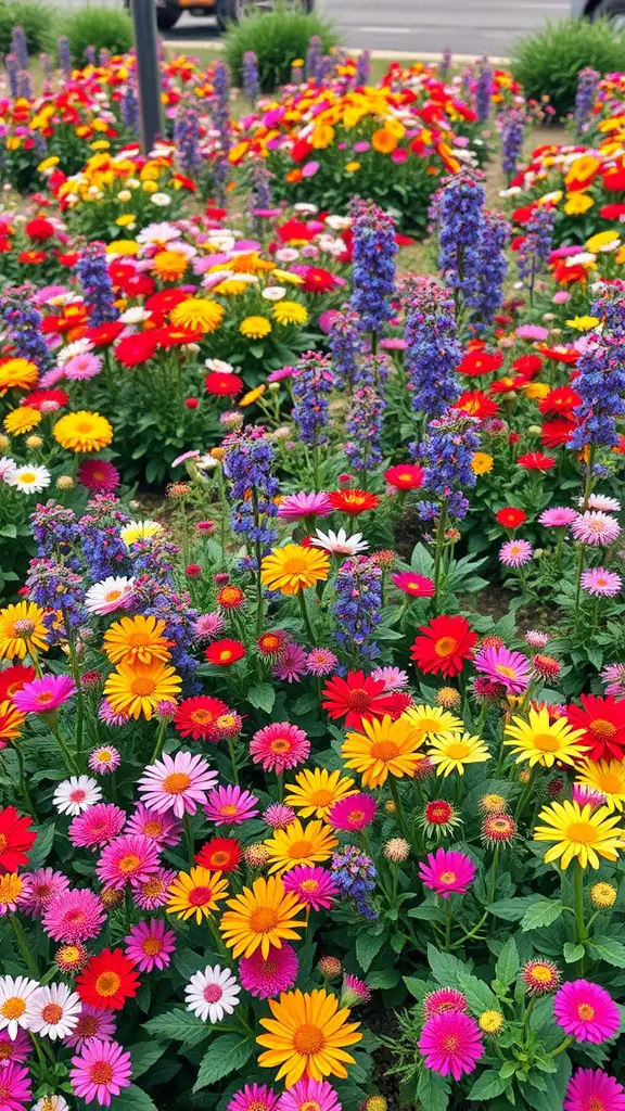 A colorful garden filled with various perennial flowers, showcasing a mix of reds, yellows, pinks, and purples.