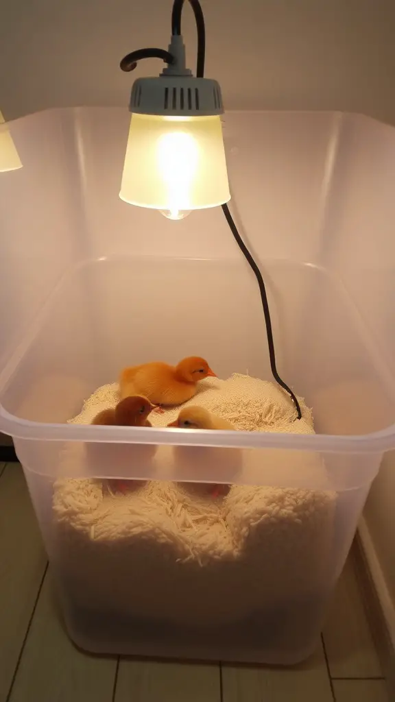 A clear plastic storage bin brooder with baby chicks and a heat lamp.