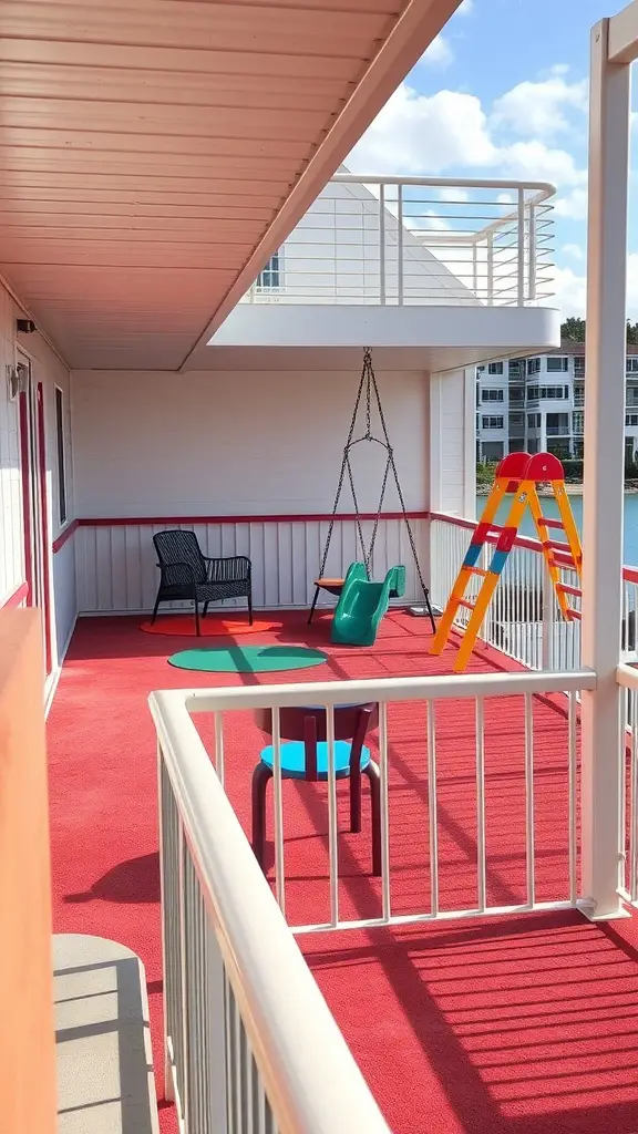19 Stunning Two-Level Deck Ideas for Your Home 5 A two-level deck with a dedicated play area for kids featuring colorful play equipment and safety railings.