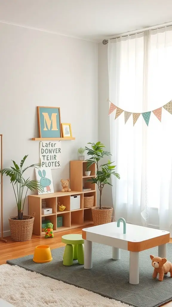 A bright and inviting play area for children, featuring a small table, colorful stools, and playful decor.