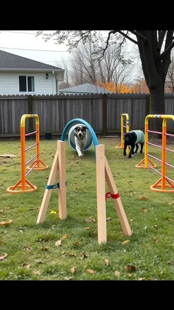 19 Creative Grassless Backyard Ideas for Dogs 8 Two dogs playing on an agility course in a backyard, featuring jumps and a tunnel.