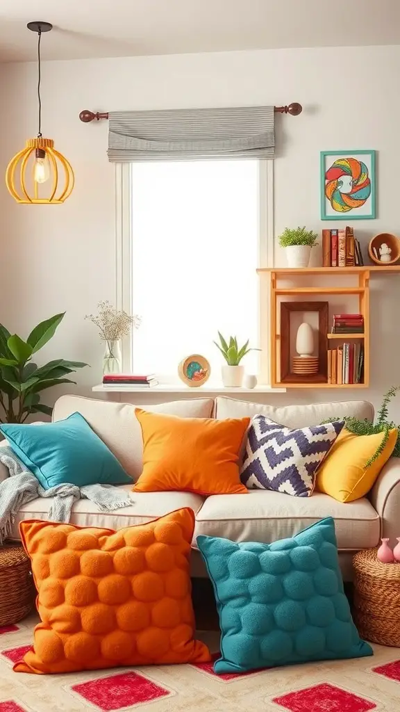 A cozy mothers' room with colorful pillows, plants, and warm lighting