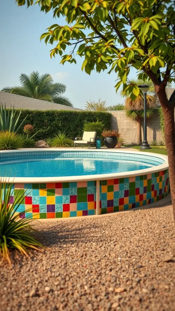 A vibrant above ground pool with colorful mosaic tile accents, surrounded by plants and a relaxation area.