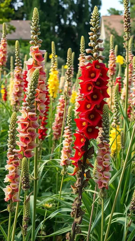 Colorful snapdragons in shades of red, pink, and yellow standing tall in a garden