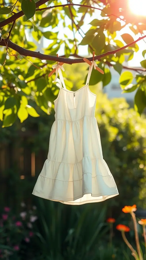 21 Stylish Summer Wedding Guest Dress Ideas to Make You Shine 9 A playful tiered sundress hanging on a tree branch, surrounded by lush green leaves and sunlight.