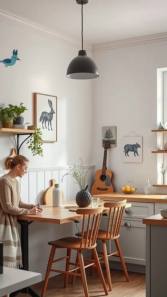 Cozy Scandinavian kitchen with playful wall art and plants