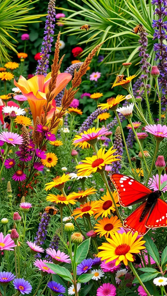 Colorful garden filled with various flowers attracting bees and butterflies.