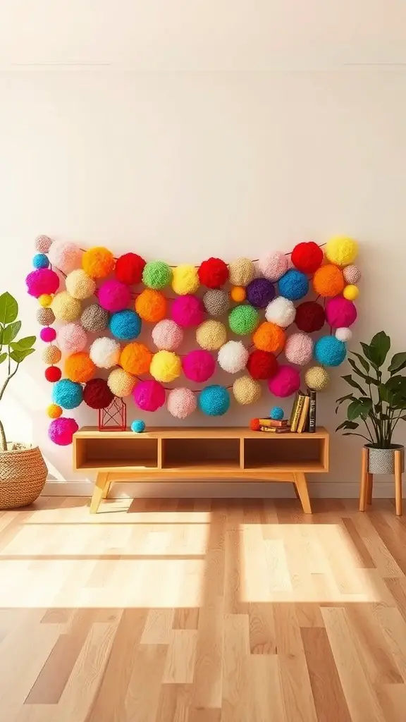 A colorful pom-pom yarn garland displayed on a wall, featuring an array of fluffy, vibrant pom-poms in various colors.