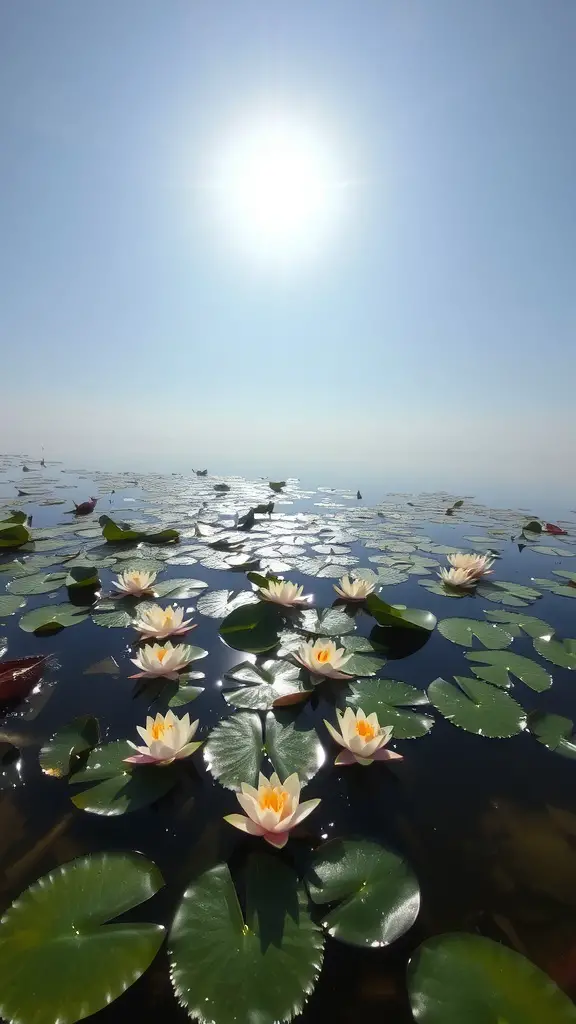 A beautiful pond filled with water lilies under bright sunlight