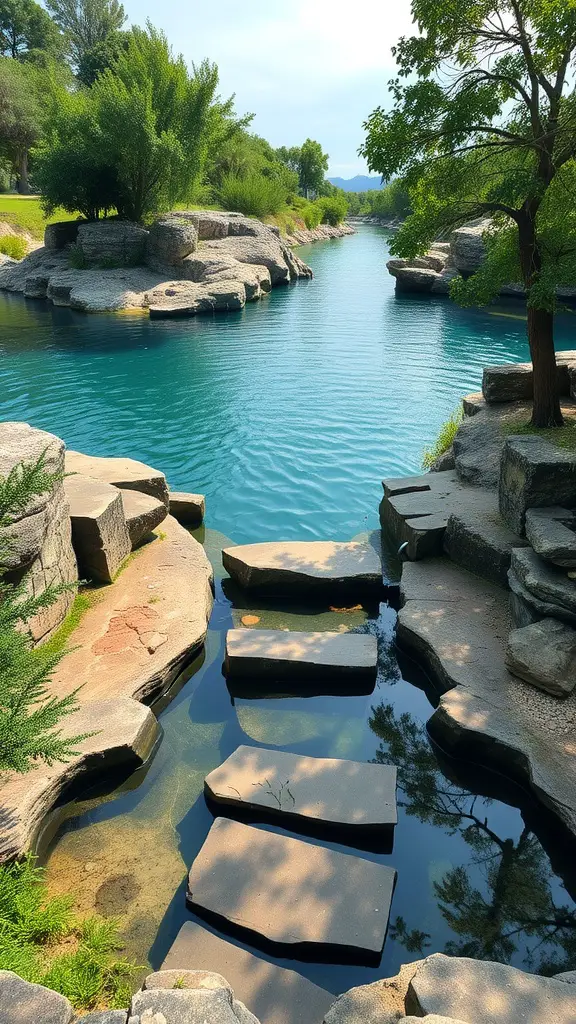 A tranquil pool surrounded by natural rock steps and lush greenery.