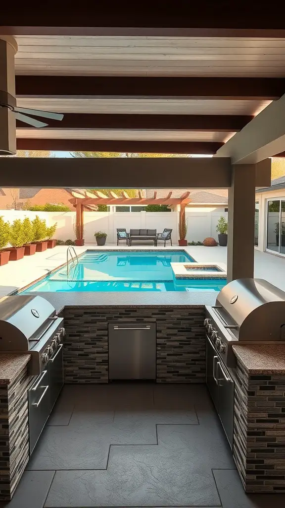 A backyard pool with an outdoor kitchen and BBQ area featuring stainless steel grills and a cozy seating arrangement.