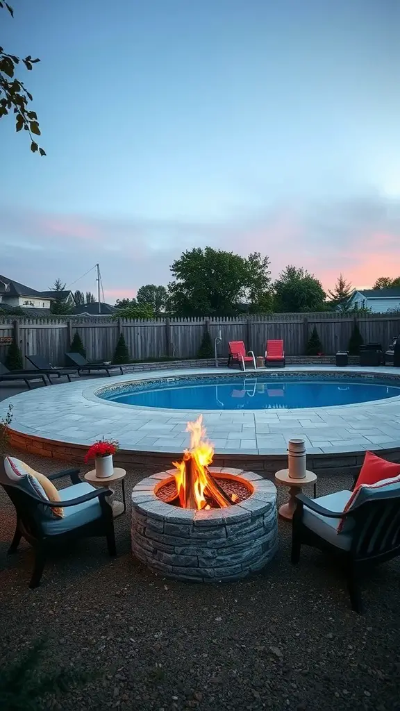 A cozy poolside fire pit area with comfortable chairs, surrounded by a well-maintained above-ground pool.