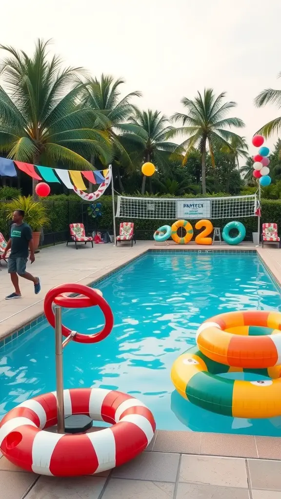 21 Creative Summer Baby Shower Ideas to Celebrate the Arrival of Baby 5 A poolside setup for a summer baby shower with colorful floats, decorations, and palm trees.
