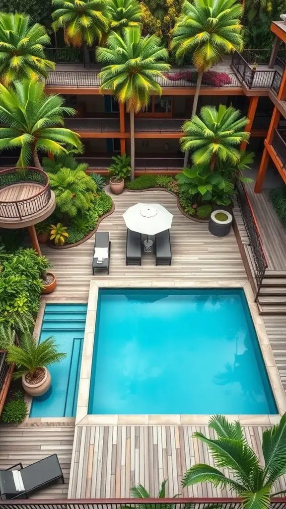 17 Inspiring Multi-Level Deck Ideas for Your Outdoor Space 4 Aerial view of a multi-level deck with a swimming pool, surrounded by tropical plants and seating areas.