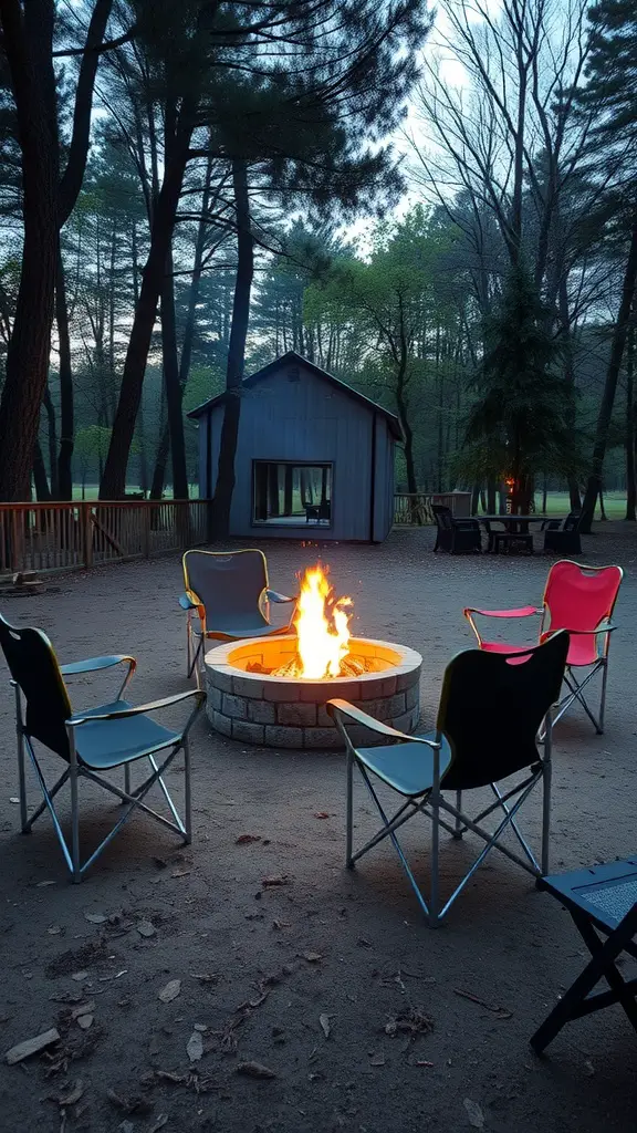 An outdoor setting with portable folding chairs arranged around a fire pit, surrounded by trees.