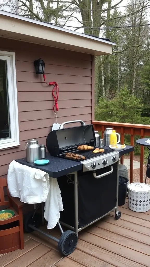 21 Inspiring Small Deck Ideas to Maximize Your Outdoor Space 9 A portable grill station on a deck with food prepared on it, surrounded by a casual and inviting atmosphere.