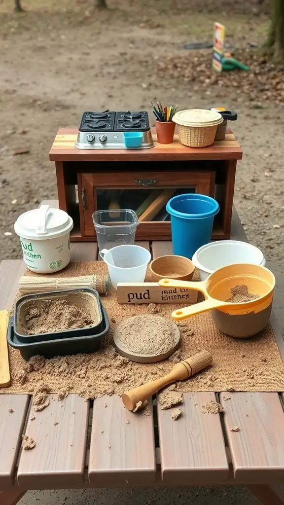 25 Creative Mud Kitchen Ideas for Kids to Inspire Imaginative Play 5 A portable mud kitchen setup with a wooden kitchen, containers for mixing, and a sandy area on a table.