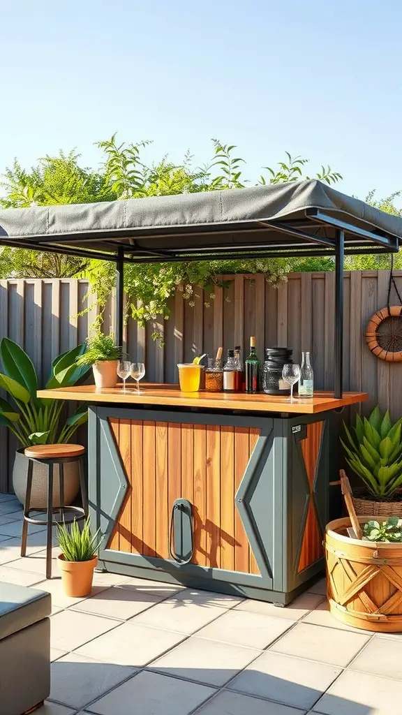 A portable outdoor bar with a wooden top and plants around it, set against a sunny patio.