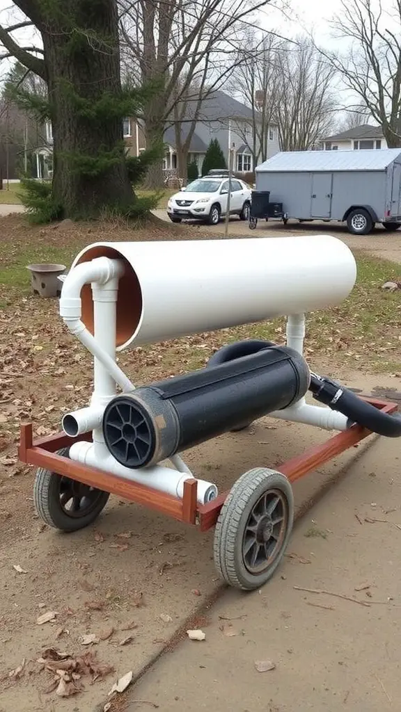 A portable PVC pipe brooder on wheels for chicks.