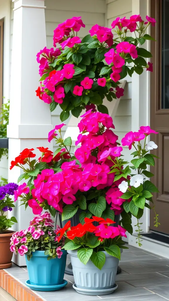 17 Stunning Summer Flower Arrangement Ideas 10 Colorful potted geraniums and petunias arranged on a porch