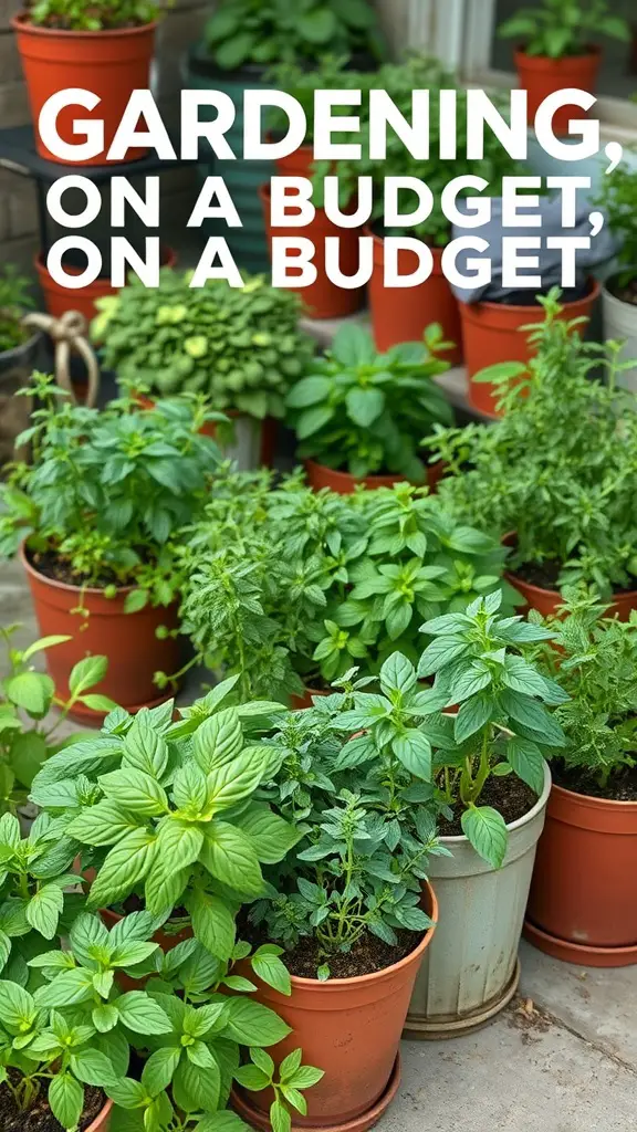 A collection of potted herbs in various sizes, showcasing lush green leaves, perfect for an outdoor patio garden.