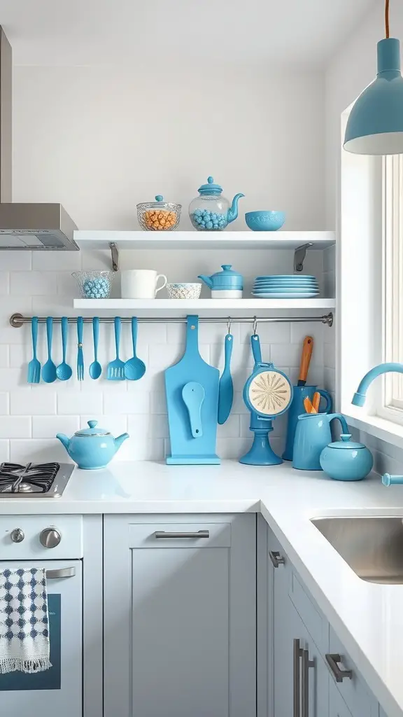 A bright kitchen with white countertops and blue kitchenware on display.